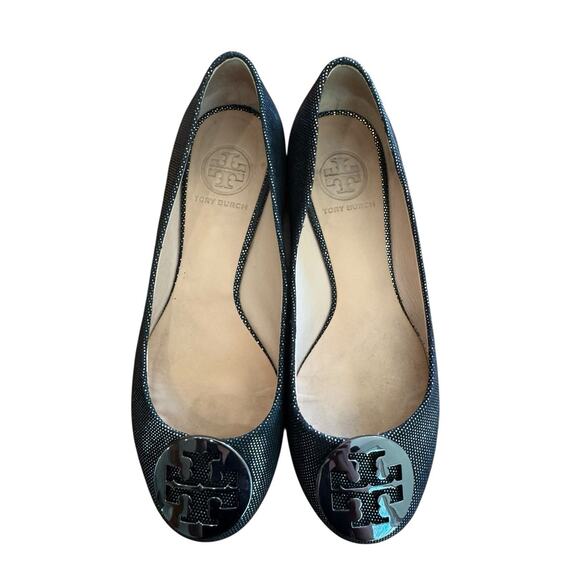 Women's 6.5 Tory Burch 'Reva' Black Silver Sparkle Leather Ballerina Flats Party - Picture 1 of 9